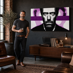 Ručno oslikana POP Art Art slika Dr. HOUSE 1 komad 1010 dh – slika u modernom muškom interijeru, lifestyle vizualizacija. Dominantne boje: crna, bijela, ljubičasta, ružičasta, siva.