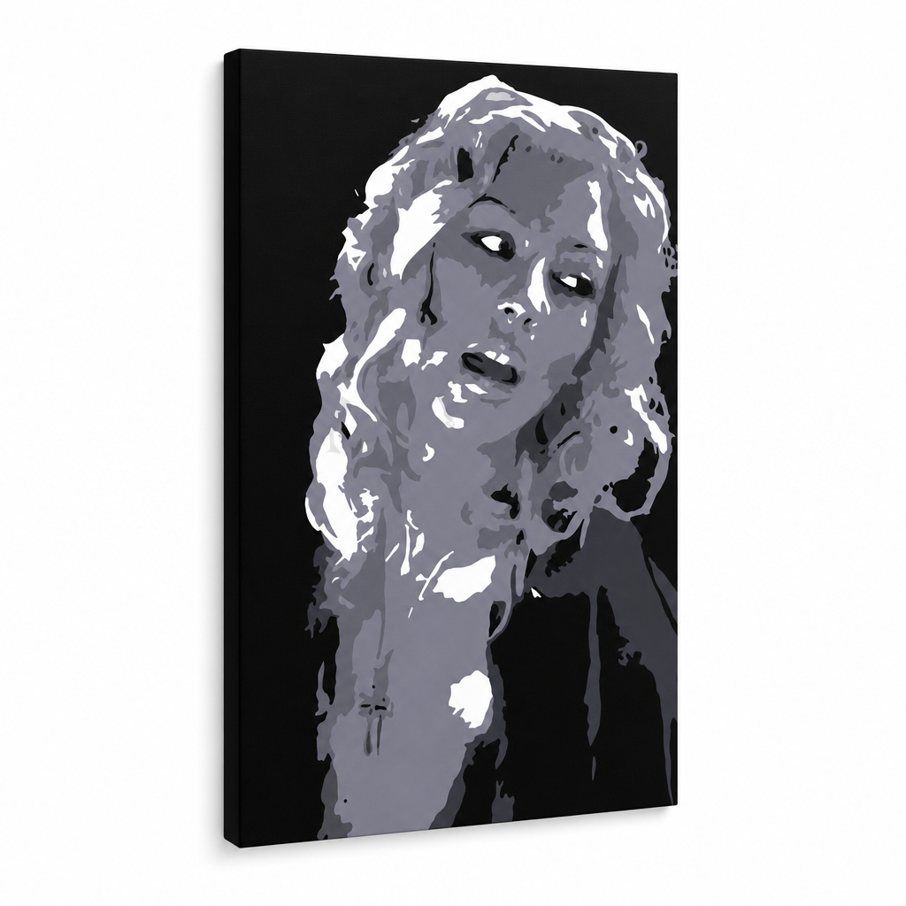 Ručno oslikana POP Art Christina Aguilera 1 komad ca2 – 3D vizualizacija ručno oslikanog platna na bijeloj pozadini. Dominantne boje: crna, bijela, siva.