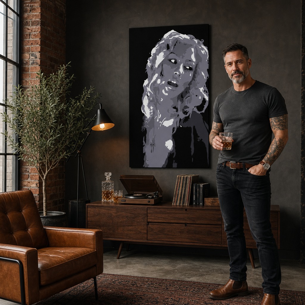Ručno oslikana POP Art Christina Aguilera 1 komad ca2 – slika u modernom muškom interijeru, lifestyle vizualizacija. Dominantne boje: crna, bijela, siva.