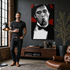 Ručno oslikana POP Art slika AL PACINO 1 komad al12 – slika u modernom muškom interijeru, lifestyle vizualizacija. Dominantne boje: crvena, crna, siva, bijela.