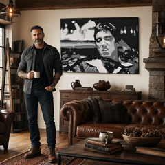 Ručno oslikana POP Art slika AL PACINO 1 komad al13 – slika u modernom muškom interijeru, lifestyle vizualizacija. Dominantne boje: crna, bijela, siva.