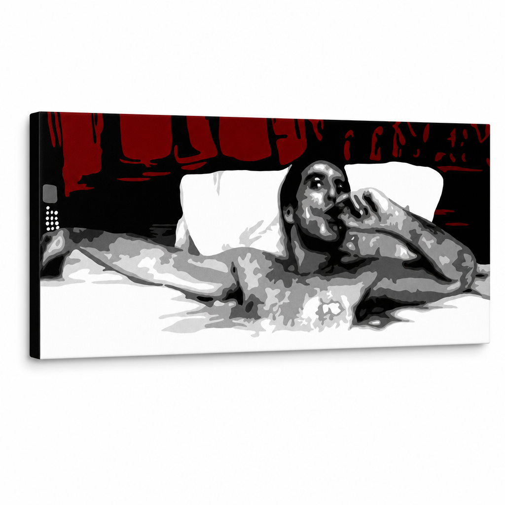 Ručno oslikana POP Art slika AL PACINO 1 komad al21 – 3D vizualizacija ručno oslikanog platna na bijeloj pozadini. Dominantne boje: crna, crvena, bijela.