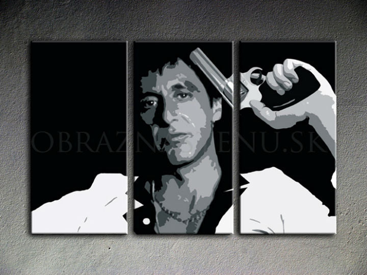 Ručno oslikana slika na platnu s motivom al pacino s pištoljem crno-bijelo – 3D prikaz platna s vidljivim drvenim okvirom, Papilora.