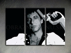 Ručno oslikana slika na platnu s motivom al pacino s pištoljem crno-bijelo – 3D prikaz platna s vidljivim drvenim okvirom, Papilora.