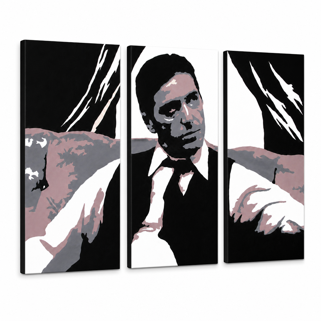 Ručno oslikana POP Art slika AL PACINO 3 dijela al11 – 3D vizualizacija ručno oslikanog platna na bijeloj pozadini. Dominantne boje: crna, siva, ružičasta, bijela, smeđa.