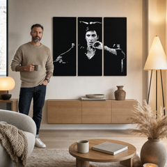 Ručno oslikana POP Art slika AL PACINO 3 dijela al27 – slika u modernom muškom interijeru, lifestyle vizualizacija. Dominantne boje: crna, siva, bijela.