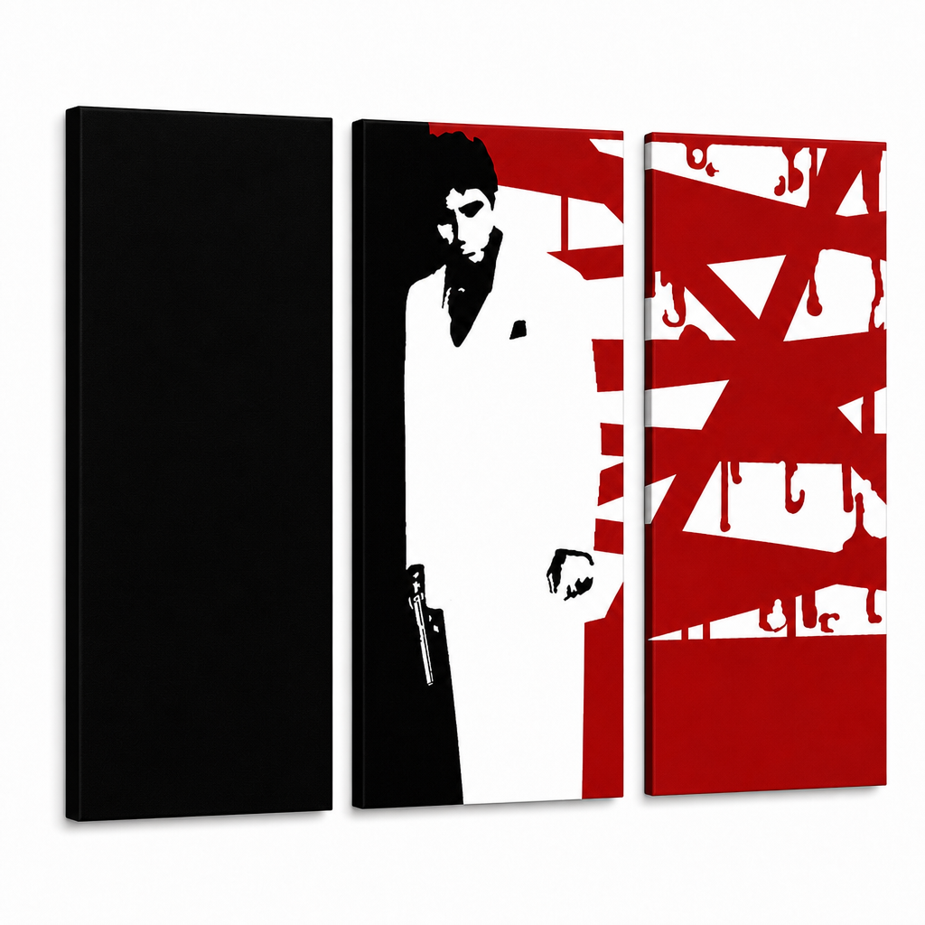Ručno oslikana POP Art slika AL PACINO 3 dijela al33 – 3D vizualizacija ručno oslikanog platna na bijeloj pozadini. Dominantne boje: crna, bijela, crvena.
