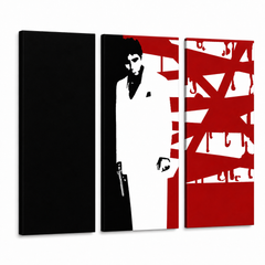 Ručno oslikana POP Art slika AL PACINO 3 dijela al33 – 3D vizualizacija ručno oslikanog platna na bijeloj pozadini. Dominantne boje: crna, bijela, crvena.