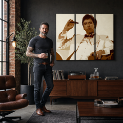 Ručno oslikana POP Art slika AL PACINO 3 dijela al34 – slika u modernom muškom interijeru, lifestyle vizualizacija. Dominantne boje: smeđa, bež, bijela, crna.