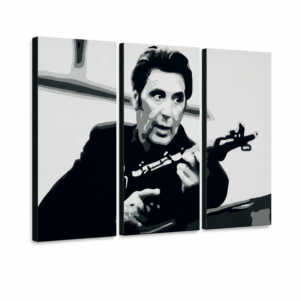Ručno oslikana POP Art slika AL PACINO 3 dijela al4 – 3D vizualizacija ručno oslikanog platna na bijeloj pozadini. Dominantne boje: crna, bijela, siva.