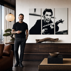 Ručno oslikana POP Art slika AL PACINO 3 dijela al4 – slika u modernom muškom interijeru, lifestyle vizualizacija. Dominantne boje: crna, bijela, siva.