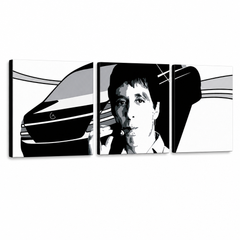 Ručno oslikana slika na platnu s motivom muškarac s cigarom i automobil, crno-bijelo – 3D prikaz platna s vidljivim drvenim okvirom, Papilora.