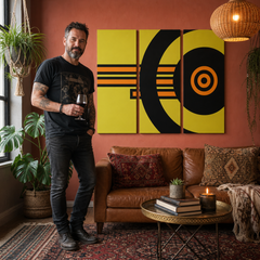 Ručno oslikana POP Art slika APSTRAKT 3-dijelna apstrakcija1 – slika u modernom muškom interijeru, lifestyle vizualizacija. Dominantne boje: žuta, crna, narančasta.