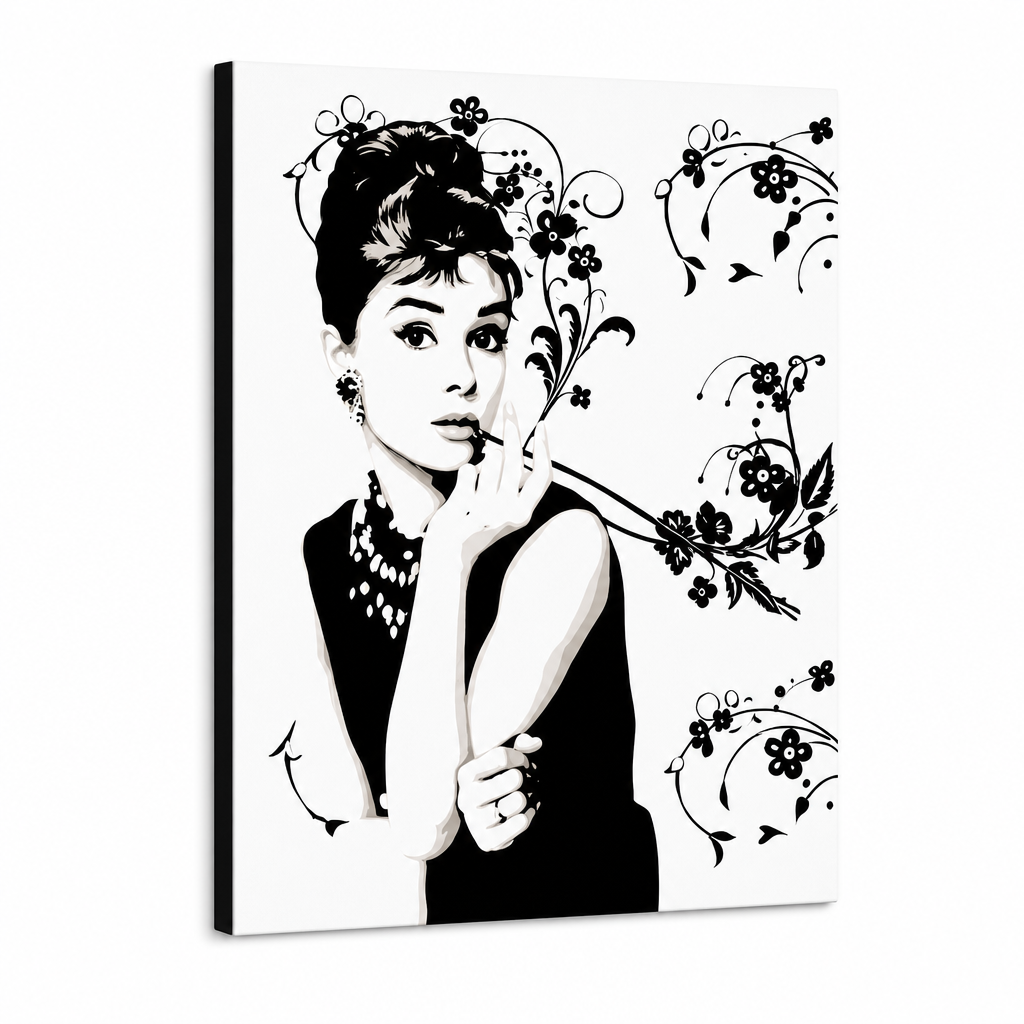 Ručno oslikana POP Art slika Audrey Hepburn ah6 – 3D vizualizacija ručno oslikanog platna na bijeloj pozadini. Dominantne boje: crna, siva, ružičasta.