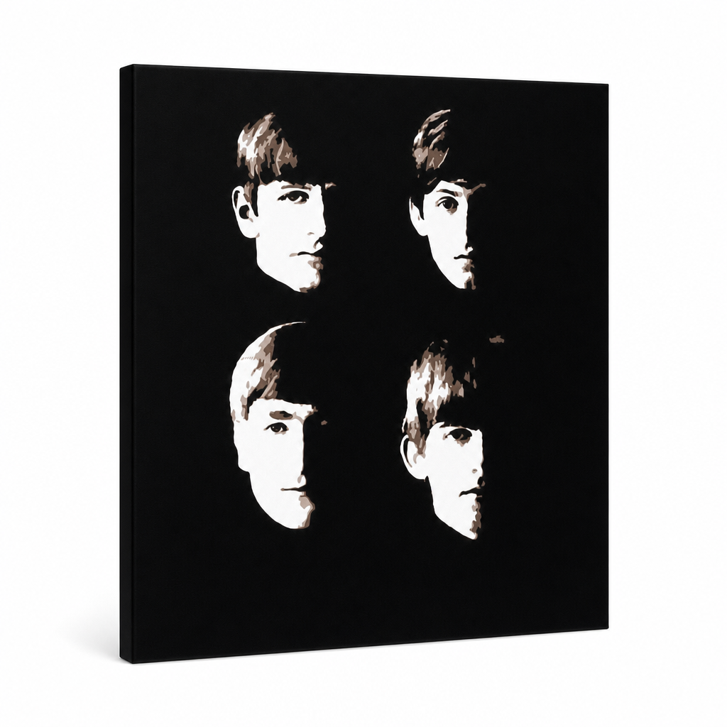 Ručno oslikana slika na platnu s motivom četiri lica the beatlesa, crno-bijelo – 3D prikaz platna s vidljivim drvenim okvirom, Papilora.
