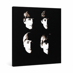 Ručno oslikana slika na platnu s motivom četiri lica the beatlesa, crno-bijelo – 3D prikaz platna s vidljivim drvenim okvirom, Papilora.
