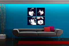 Ručno oslikana slika na platnu s motivom pop art portreti glazbenika obješena u modernom stilskom interijeru iznad drvene konzole s vazom i svijećom, Papilora.