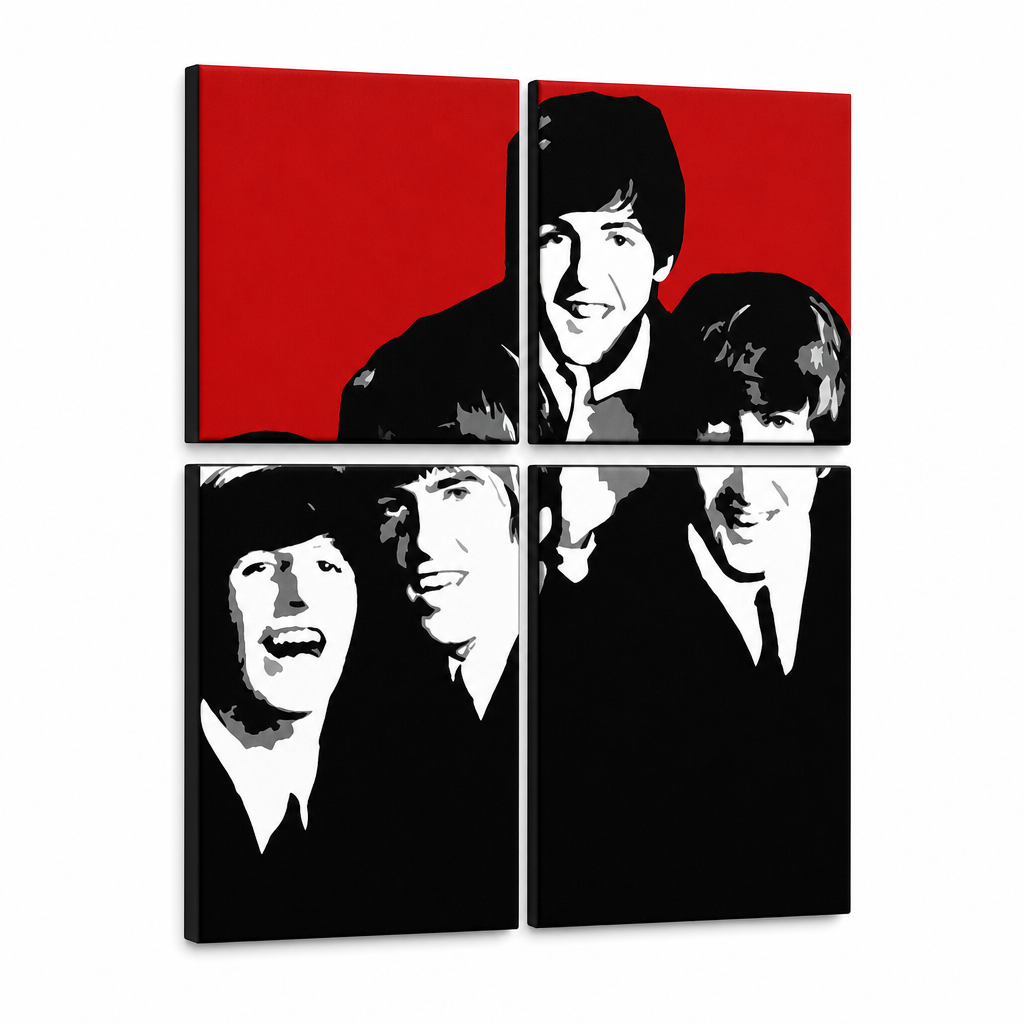 Ručno oslikana POP Art slika BEATLES 4 dijela bea7 – 3D vizualizacija ručno oslikanog platna na bijeloj pozadini. Dominantne boje: crvena, crna, bijela, siva.
