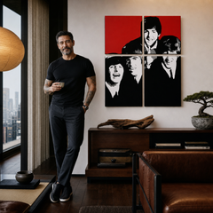 Ručno oslikana POP Art slika BEATLES 4 dijela bea7 – slika u modernom muškom interijeru, lifestyle vizualizacija. Dominantne boje: crvena, crna, bijela, siva.