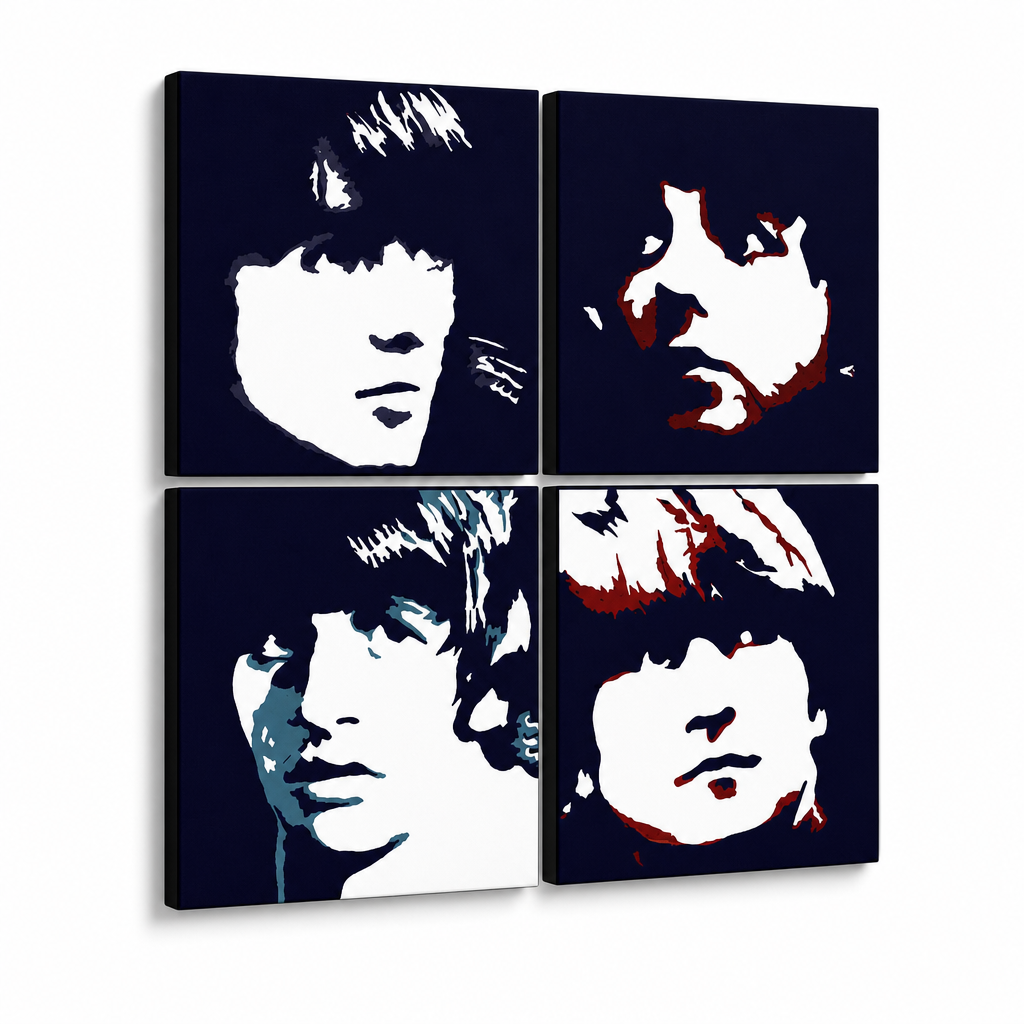 Ručno oslikana POP Art slika BEATLES 4 piece beat – 3D vizualizacija ručno oslikanog platna na bijeloj pozadini. Dominantne boje: crna, plava, crvena, bež.