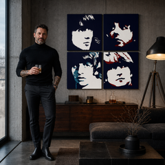 Ručno oslikana POP Art slika BEATLES 4 piece beat – slika u modernom muškom interijeru, lifestyle vizualizacija. Dominantne boje: crna, plava, crvena, bež.