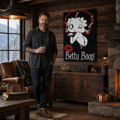 Ručno oslikana slika na platnu s motivom betty boop crveno-crna obješena u modernom stilskom interijeru iznad drvene konzole s vazom i svijećom, Papilora.