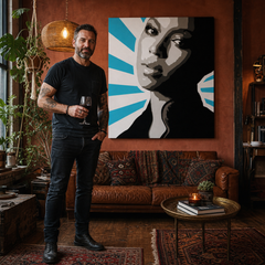 Ručno oslikana POP Art slika BEYONCÉ 1 komad bey5 – slika u modernom muškom interijeru, lifestyle vizualizacija. Dominantne boje: crna, plava, bijela, siva, smeđa.