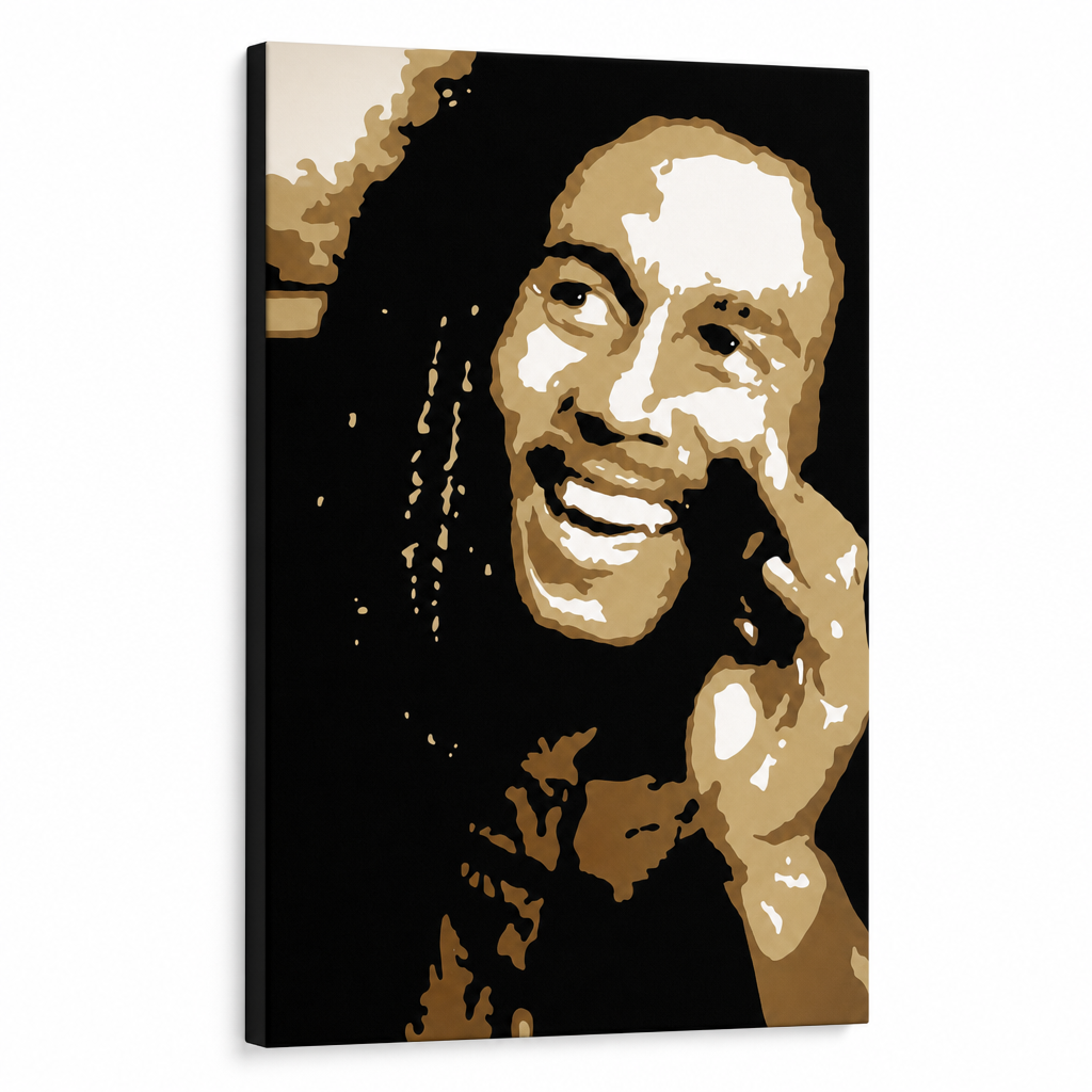 Ručno oslikana slika na platnu s motivom bob marley portret, smeđa i crna – 3D prikaz platna s vidljivim drvenim okvirom, Papilora.