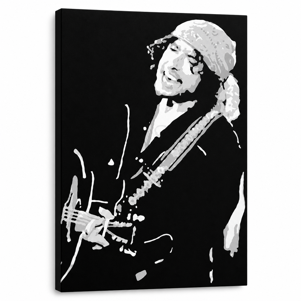 Ručno oslikana slika na platnu s motivom bob marley s gitarom crno-bijelo – 3D prikaz platna s vidljivim drvenim okvirom, Papilora.