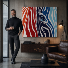 Ručno oslikana POP Art slika BOJE 1 komad zebra – slika u modernom muškom interijeru, lifestyle vizualizacija. Dominantne boje: crvena, oranzová, plava, bijela, crna.