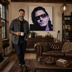 Ručno oslikana POP Art slika Bono-U2 1 komad bono3 – slika u modernom muškom interijeru, lifestyle vizualizacija. Dominantne boje: crna, ljubičasta, bijela.