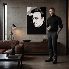 Ručno oslikana slika na platnu s motivom muški portret u crno-bijeloj tehnici obješena u modernom stilskom interijeru iznad drvene konzole s vazom i svijećom, Papilora.