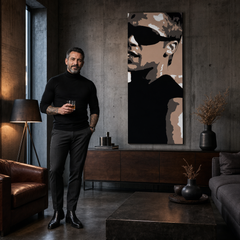 Ručno oslikana POP Art slika Brad Pitt 1 komad bp – slika u modernom muškom interijeru, lifestyle vizualizacija. Dominantne boje: crna, smeđa, bijela.