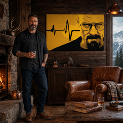 Ručno oslikana POP Art slika BREAKING BAD 1 komad brb2 – slika u modernom muškom interijeru, lifestyle vizualizacija. Dominantne boje: žuta, crna, smeđa.