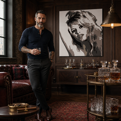 Ručno oslikana POP Art slika Brigitte Bardot, 1 komad, šipka – slika u modernom muškom interijeru, lifestyle vizualizacija. Dominantne boje: crna, smeđa, bež.
