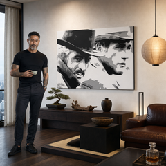 Ručno oslikana POP Art slika Butch Cassidy 1 komad bc – slika u modernom muškom interijeru, lifestyle vizualizacija. Dominantne boje: crna, bijela, siva.