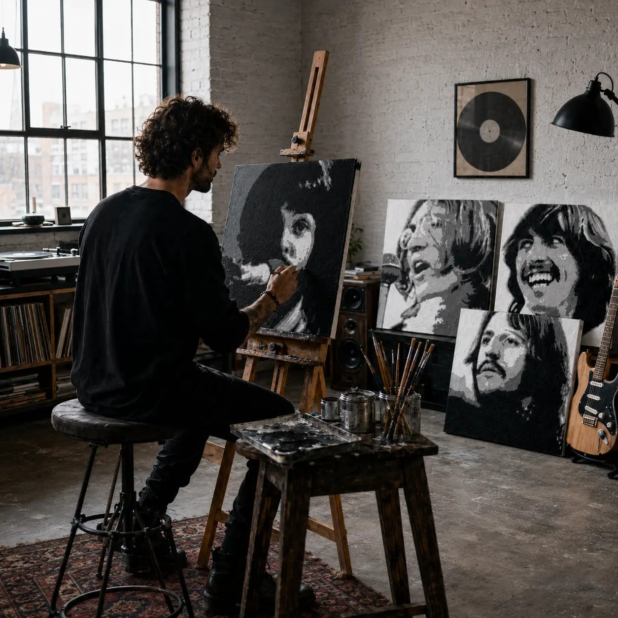 Ručno oslikana POP Art slika Clash, 4 komada gline – Papilora atelje – ručno oslikavanje POP Art platna. Dominantne boje: crna, bijela, siva.