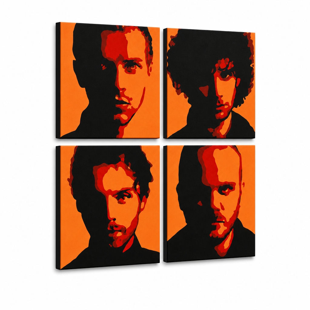 Ručno oslikana POP Art slika Coldplay 4 komada cp2 – 3D vizualizacija ručno oslikanog platna na bijeloj pozadini. Dominantne boje: crna, narančasta, crvena.