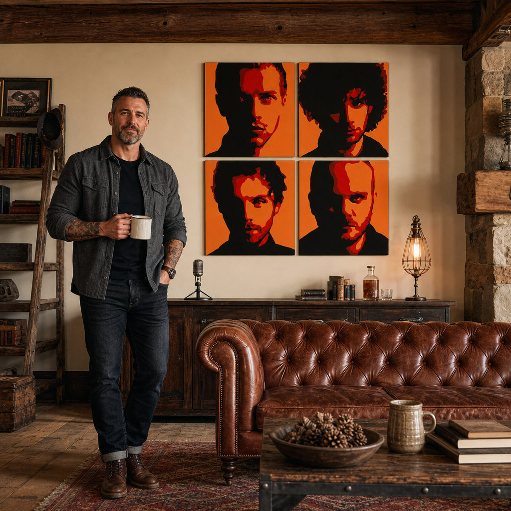 Ručno oslikana POP Art slika Coldplay 4 komada cp2 – slika u modernom muškom interijeru, lifestyle vizualizacija. Dominantne boje: crna, narančasta, crvena.