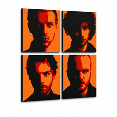 Ručno oslikana POP Art slika Coldplay 4 komada cp2 – 3D vizualizacija ručno oslikanog platna na bijeloj pozadini. Dominantne boje: crna, narančasta, crvena.