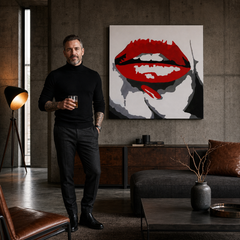 Ručno oslikana POP Art slika CRVENE USNE 1 komad mund – slika u modernom muškom interijeru, lifestyle vizualizacija. Dominantne boje: crvena, crna, bijela.