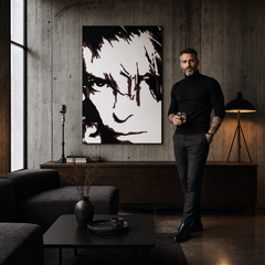 Ručno oslikana POP Art slika David Bowie 1 komad db – slika u modernom muškom interijeru, lifestyle vizualizacija. Dominantne boje: crna, smeđa, bijela.
