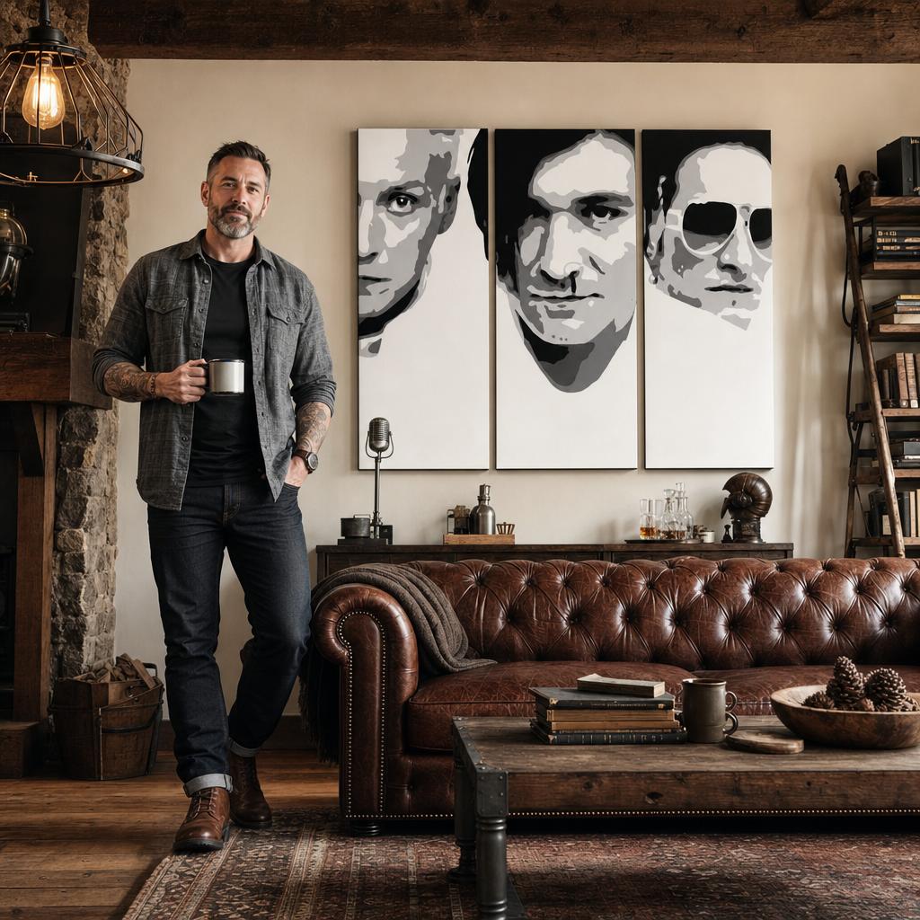 Ručno oslikana POP Art slika Die Ärzte 3-dijelna da2 – slika u modernom muškom interijeru, lifestyle vizualizacija. Dominantne boje: crna, bijela, siva.