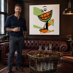 Ručno oslikana POP Art slika DINJA 1 komad dinje – slika u modernom muškom interijeru, lifestyle vizualizacija. Dominantne boje: narančasta, zelena, crna, bijela, smeđa.
