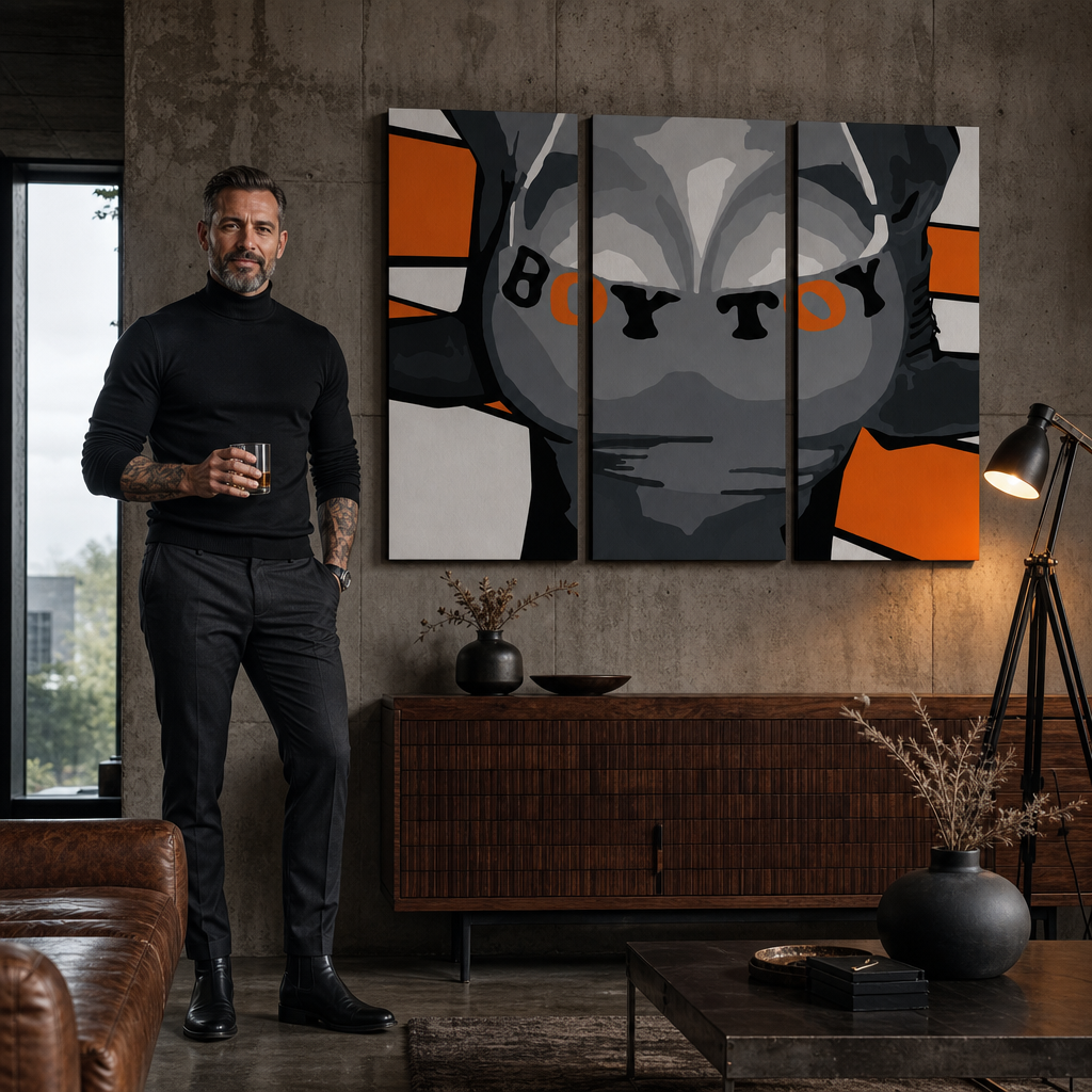 Ručno oslikana POP Art slika Dječak igračka od 3 dijela – slika u modernom muškom interijeru, lifestyle vizualizacija. Dominantne boje: crna, narančasta, siva.