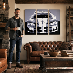 Ručno oslikana POP Art slika Dodge Viper GTS 3 dijela VIP – slika u modernom muškom interijeru, lifestyle vizualizacija. Dominantne boje: crna, siva, bijela.