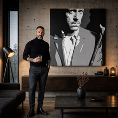 Ručno oslikana POP Art slika Dr. HOUSE 1 komad dh2 – slika u modernom muškom interijeru, lifestyle vizualizacija. Dominantne boje: crna, bijela, siva.