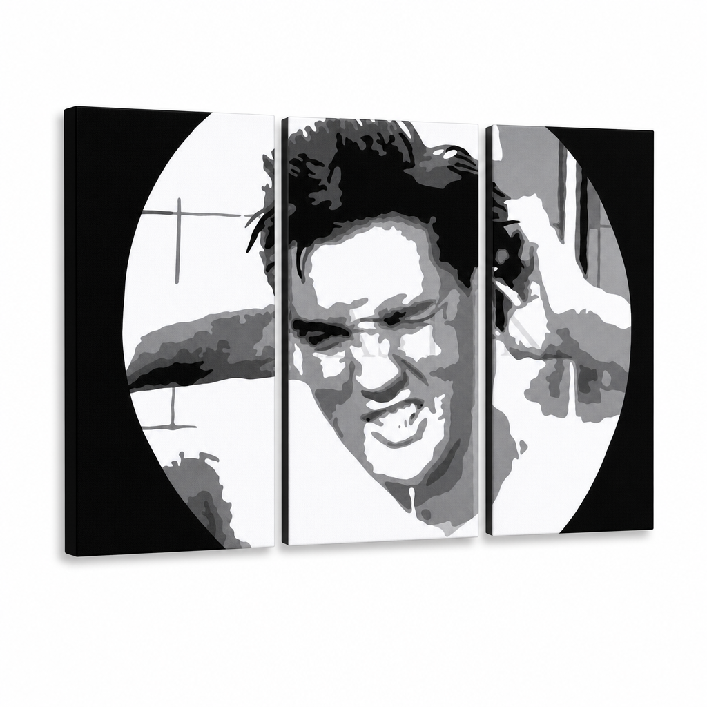 Ručno oslikana slika na platnu s motivom elvis presley u crno-bijeloj tehnici – 3D prikaz platna s vidljivim drvenim okvirom, Papilora.