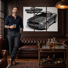 Ručno oslikana POP Art slika FORD MUSTANG 3 dijela fm2 – slika u modernom muškom interijeru, lifestyle vizualizacija. Dominantne boje: crna, bijela, siva.