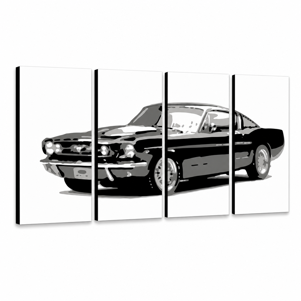 Ručno oslikana slika na platnu s motivom crni klasični automobil mustang – 3D prikaz platna s vidljivim drvenim okvirom, Papilora.